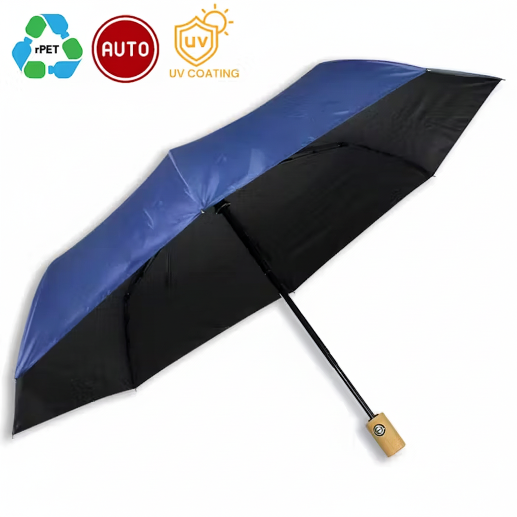21'' Automatic Foldable RPET Umbrella with Bamboo Handle