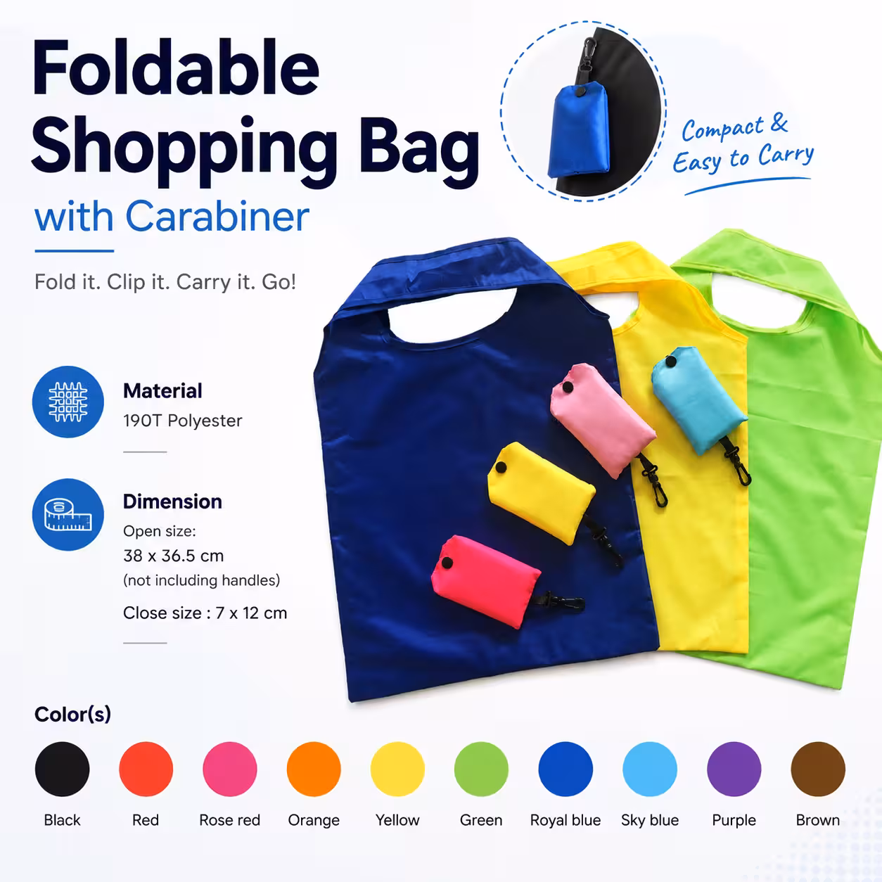 Basic Foldable Shopping Bag with Carabiner